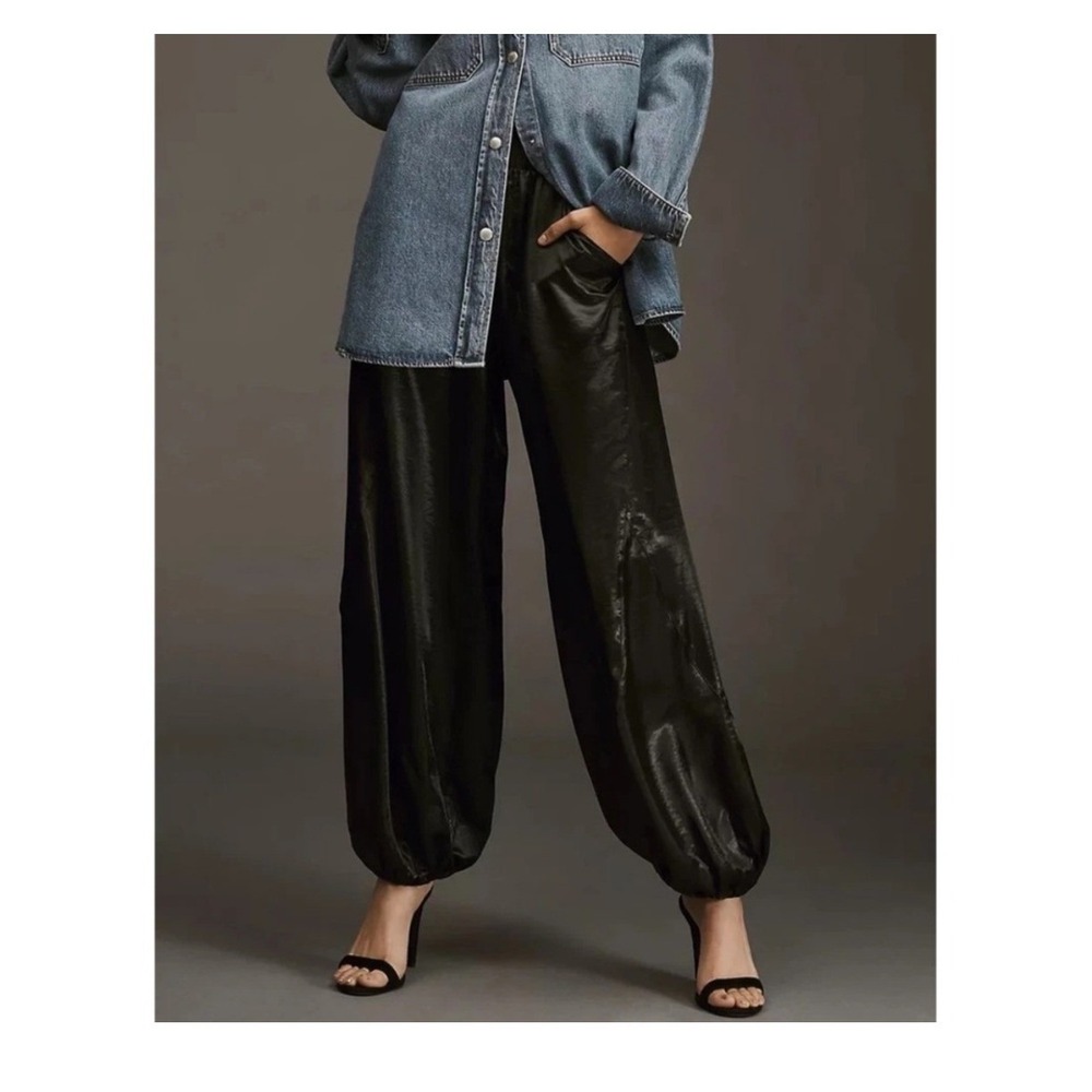 Pilcro Liquid Parachute Pants Size M Black Satin Elastic Waist Anthropologie